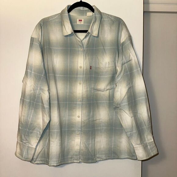 Levi’s XL Light Blue White Plaid Flannel Mens Button Down Long Sleeve Shirt EUC - Picture 2 of 10